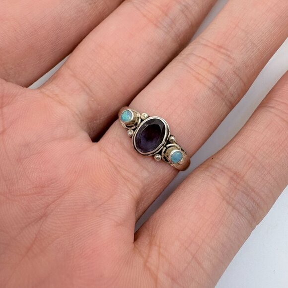VTG Sterling Silver 925 Amethyst & Opal Bezel Set Ring Size 7 - Picture 2 of 7